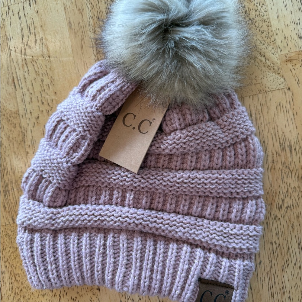 C.C Light Pink Knit Beanie with Faux Fur Pom